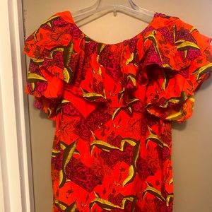 ASOS off the shoulder print ruffle dress